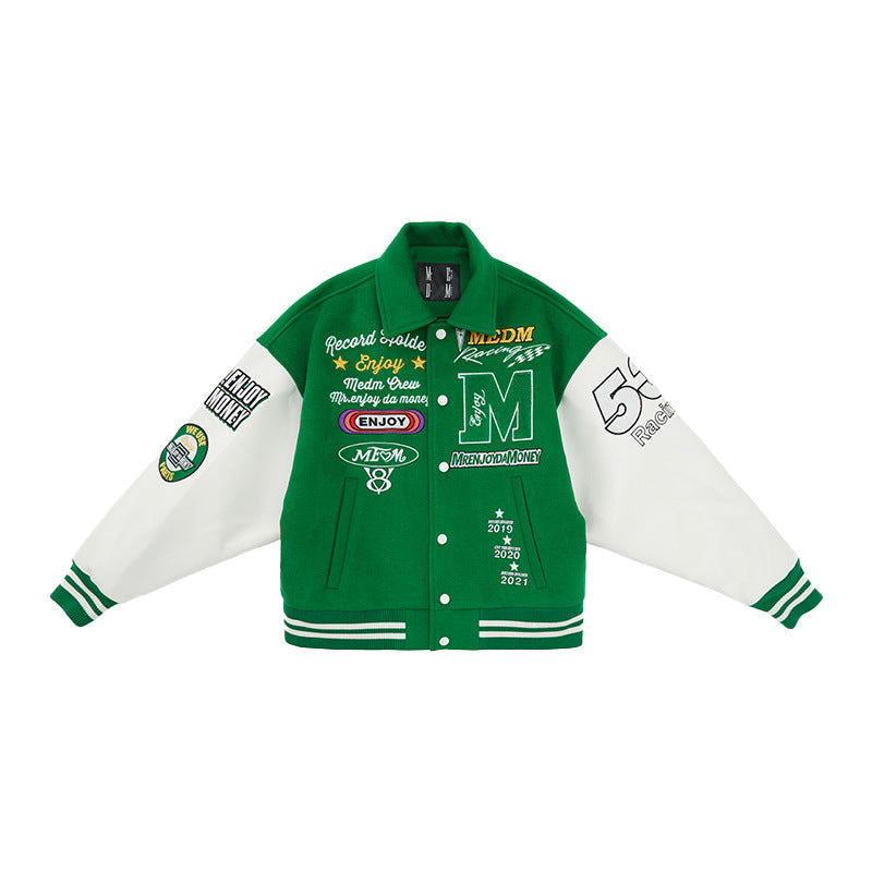 Muchic Leather Panelled Towelling Embroidered Baseball Jacket Green / M Coats & Jackets