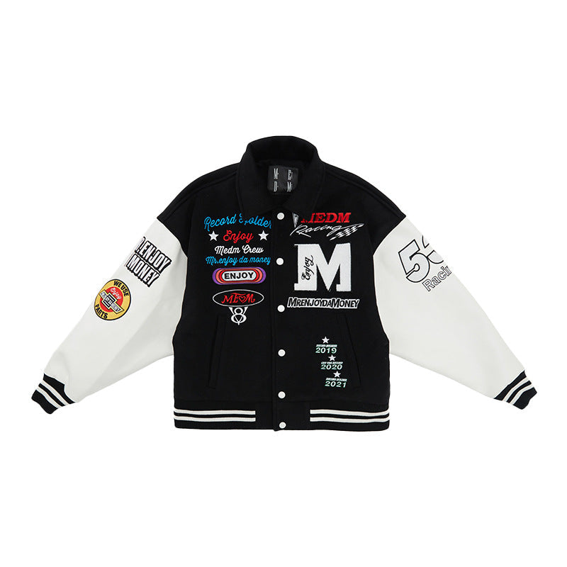 Muchic Leather Panelled Towelling Embroidered Baseball Jacket Black / M Coats & Jackets