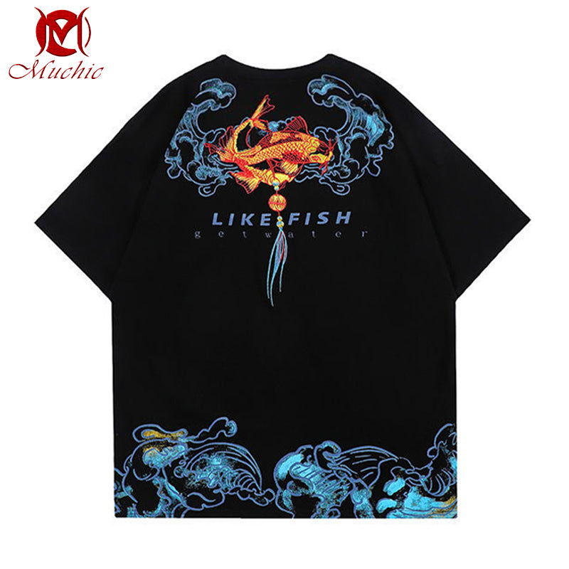 Unisex Intangible Cultural Heritag Koi Embroidery T-shirt(Hand Embroidered) (Duty Free)