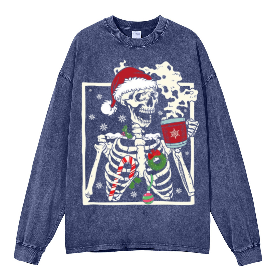 Muchic Dead Inside Skeleton Unisex Casual Washed Printed Round Neck Long Sleeve T-shirt