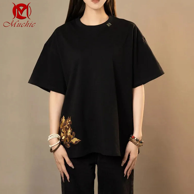 Unisex Intangible Cultural Heritage Lotus Flower Embroidery T-shirt(Hand Embroidered) (Duty Free)