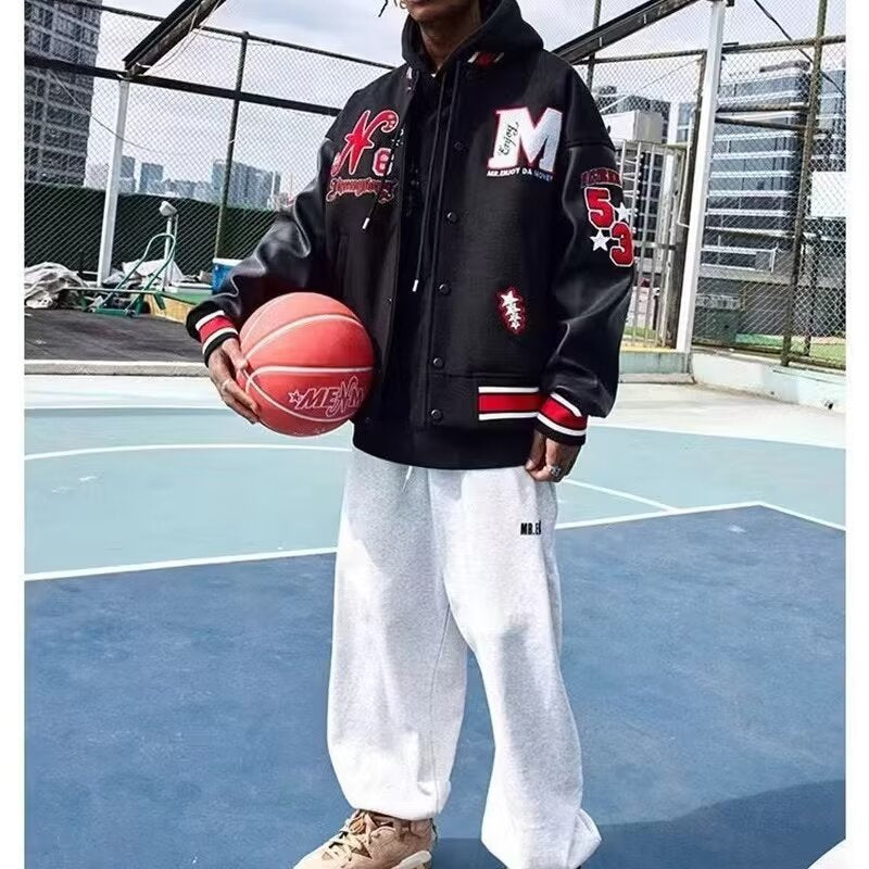 Muchic Leather Embroidery Panel Street Basketball Baseball Jacket Coats & Jackets