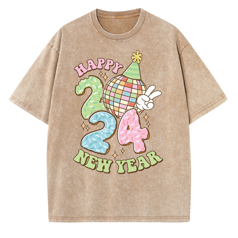 Muchic Unisex Happy New Year Printed Retro Washed Short Sleeved T-Shirt