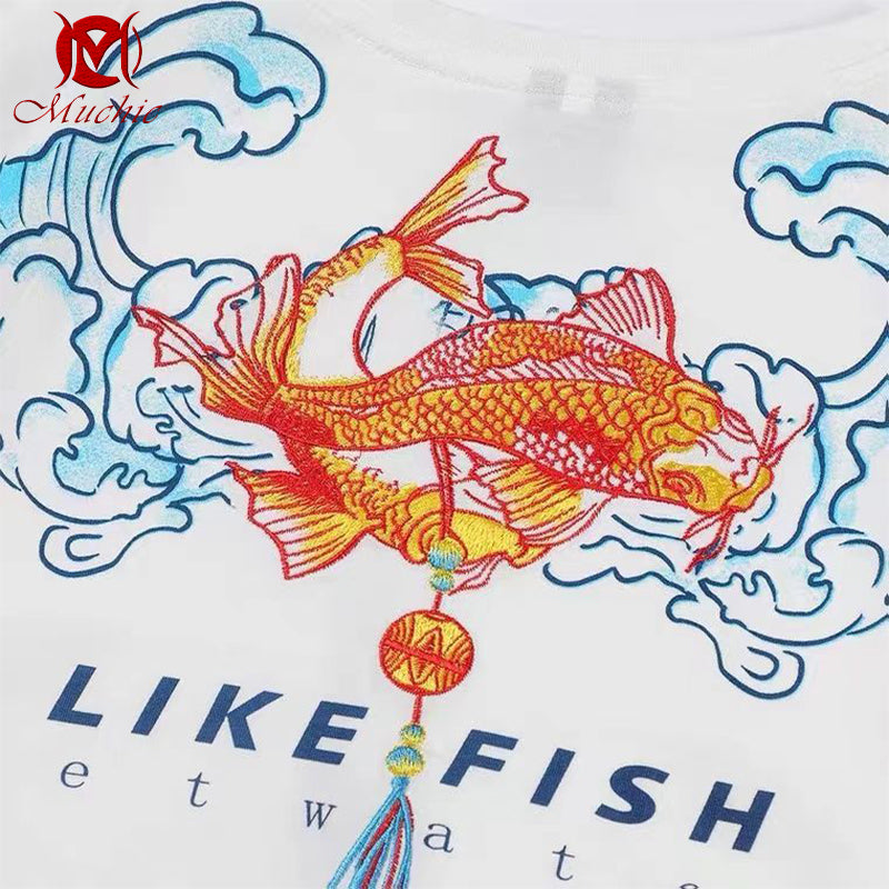 Unisex Intangible Cultural Heritag Koi Embroidery T-shirt(Hand Embroidered) (Duty Free)