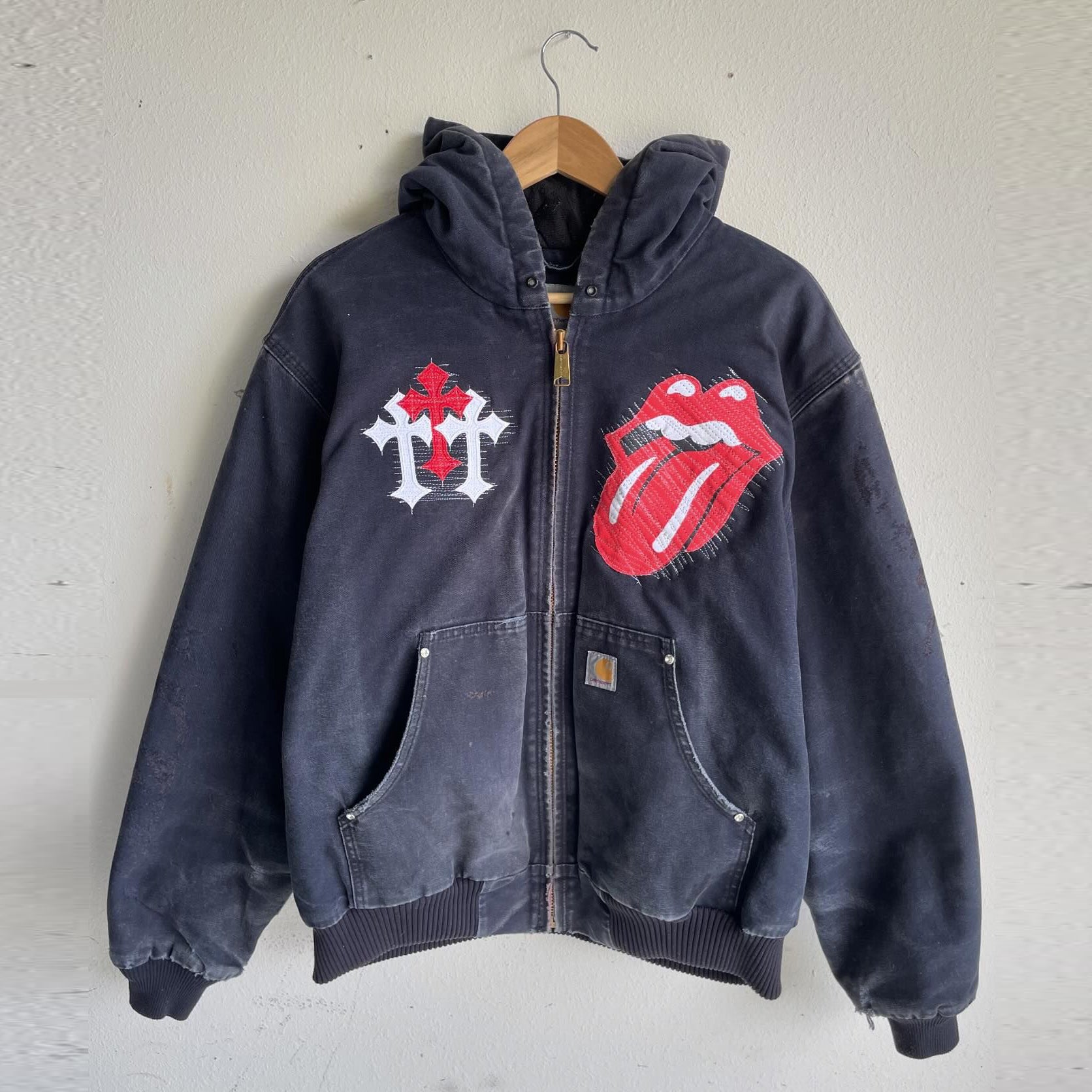 Vintage washed cross patch zip-up jacket