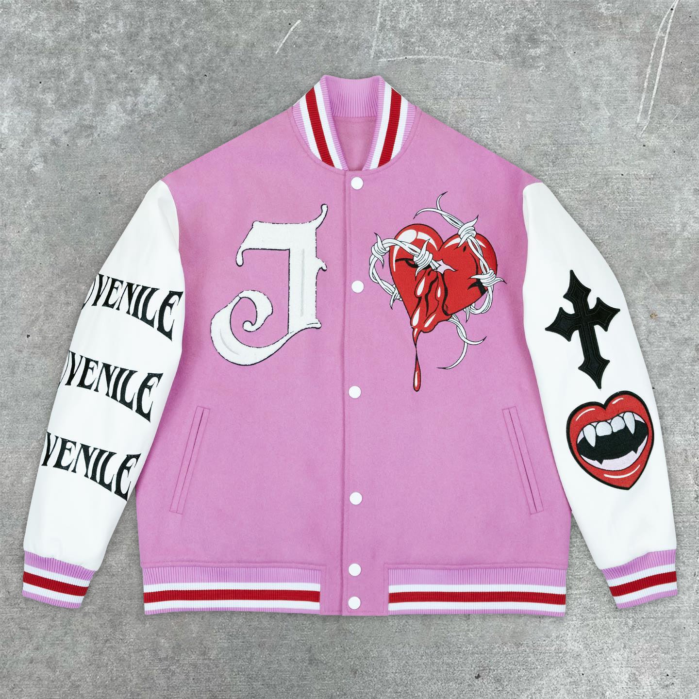 Muchic Cross Ghost Bridal Embroidered Casual Street Baseball Jacket Pink / S Coats & Jackets