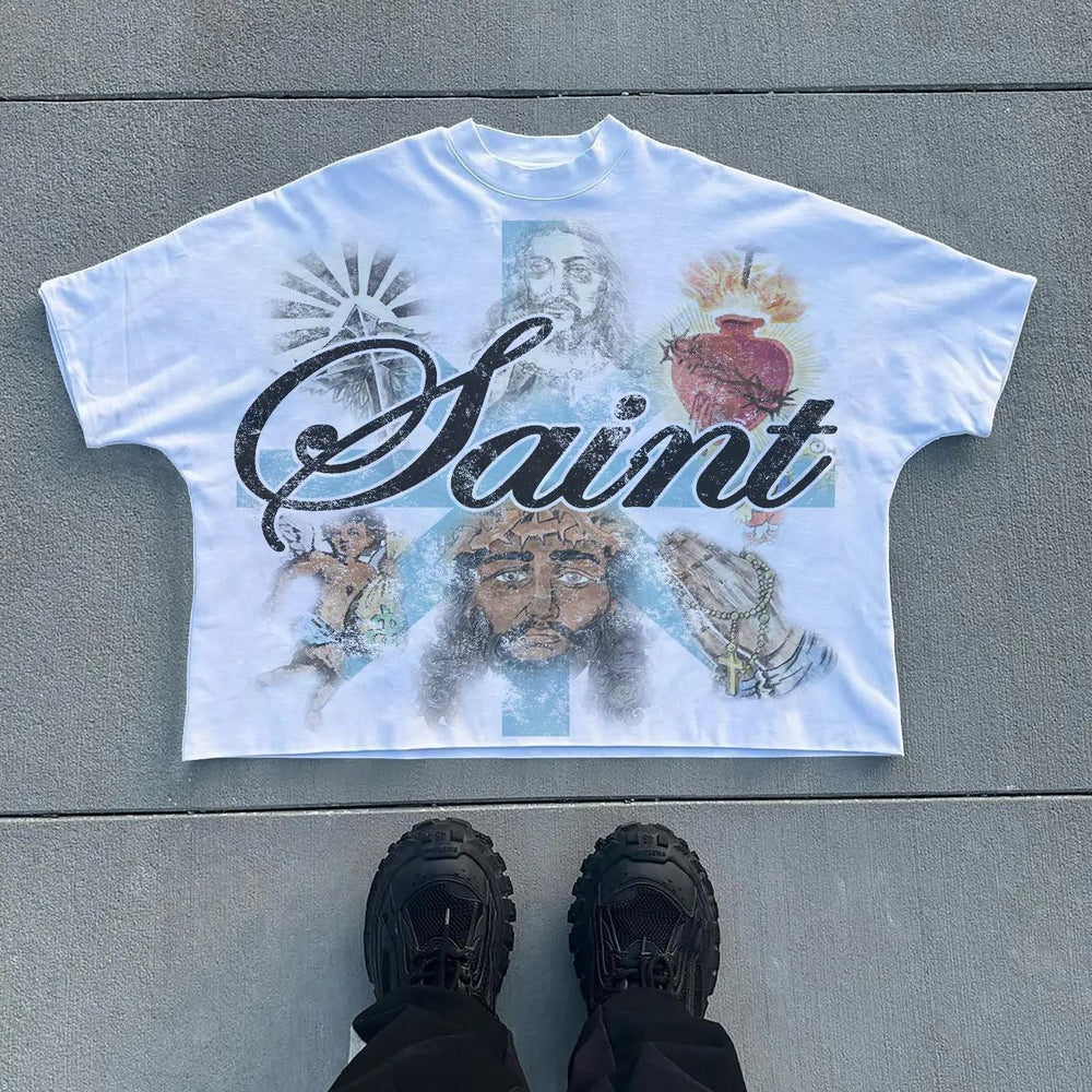 Muchic Saint Jesus Angel Print Short Sleeve T-Shirt