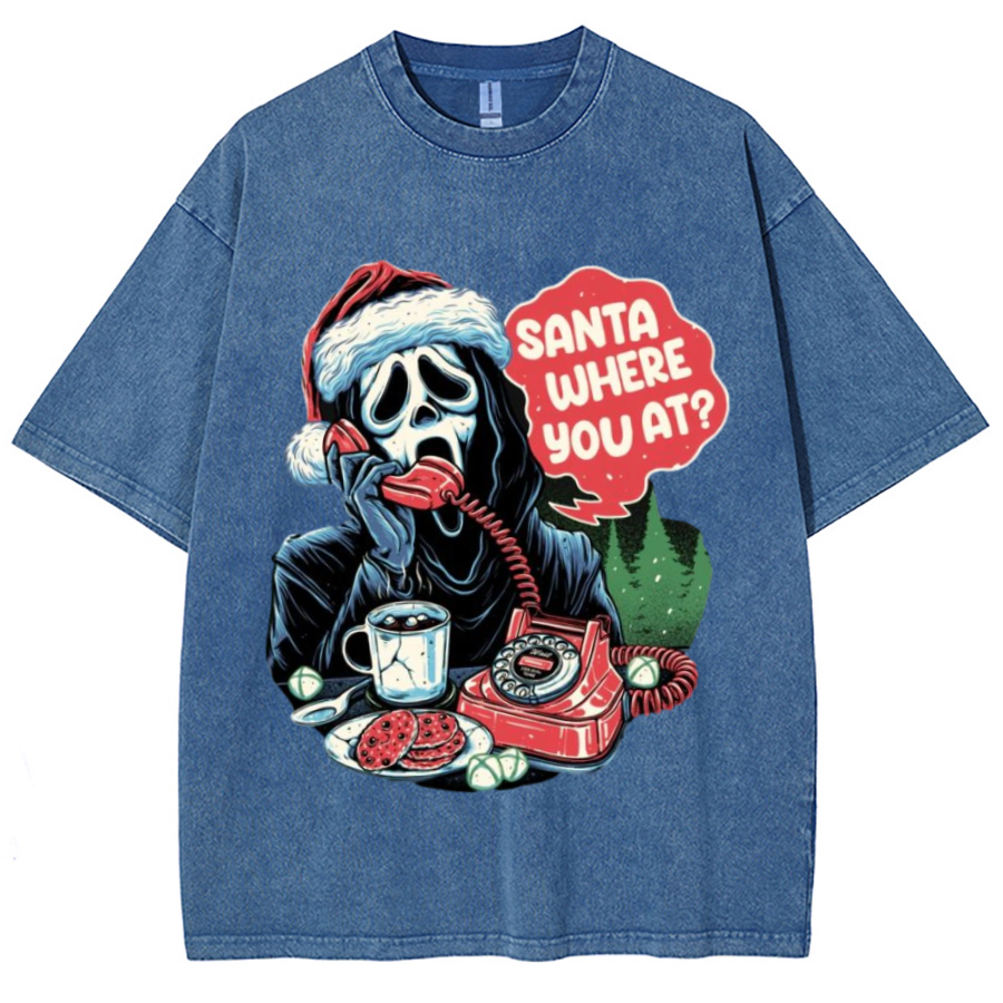 Muchic Santa Where You At Unisex Printed Retro Washed Short Sleeved T-Shirt