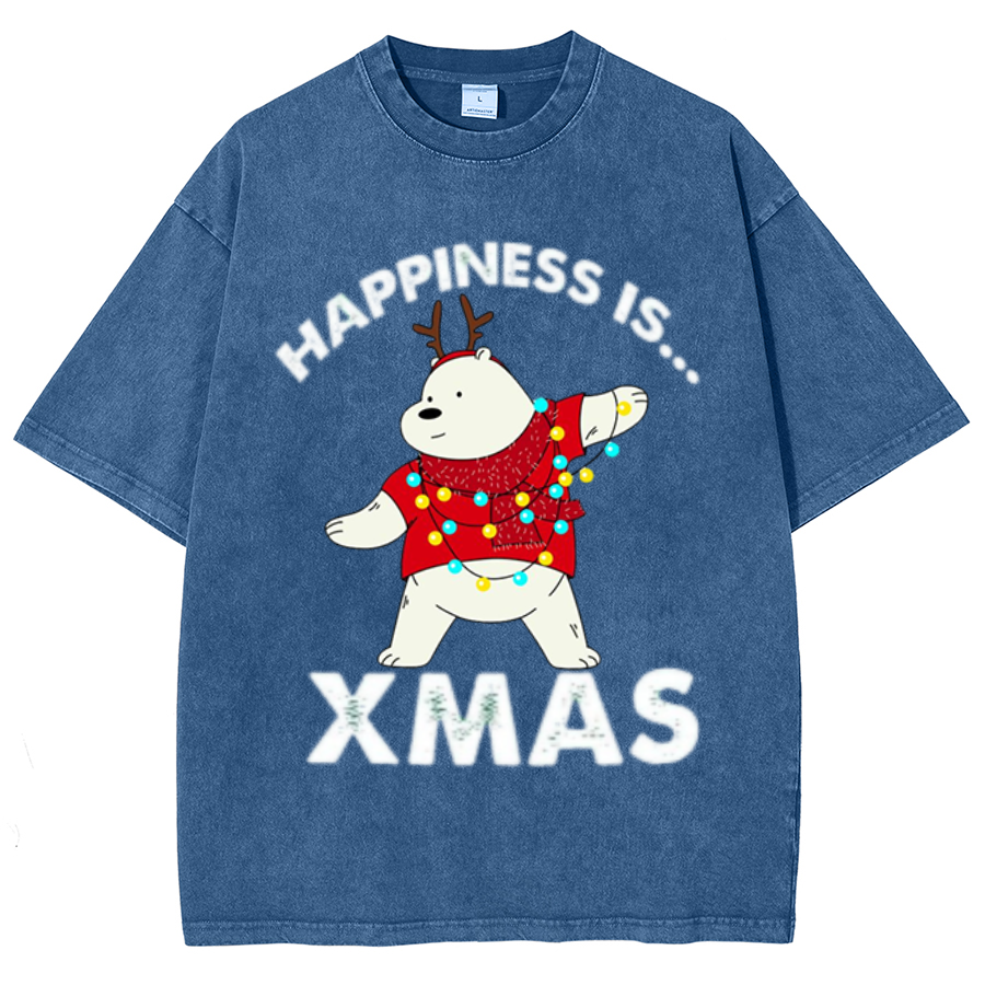 Muchic Happiness Is Xmas Unisex Oversized Print Vintage Wash Denim T-Shirt