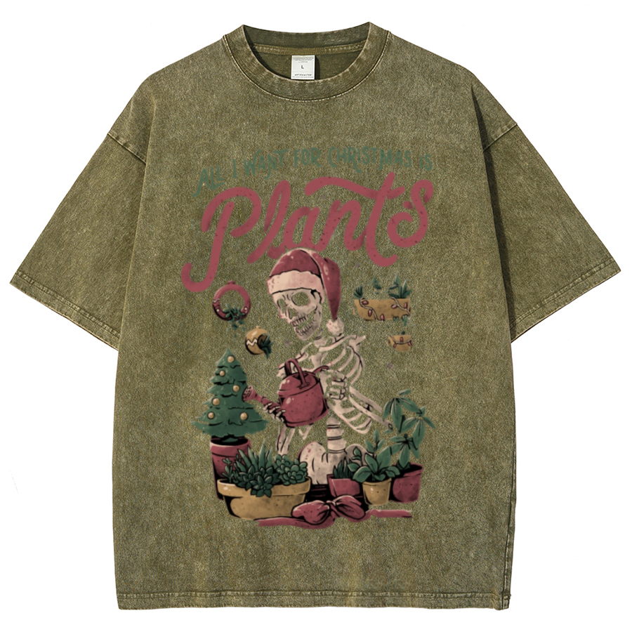 Muchic Christmas Plants Unisex Oversized Print Vintage Wash Denim T-Shirt