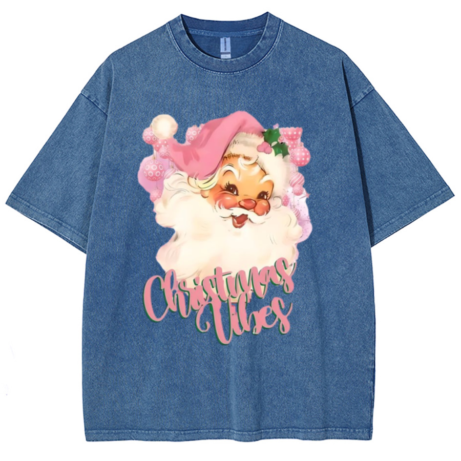 Muchic Christmas Vibes Unisex Printed Retro Washed Short Sleeved T-Shirt