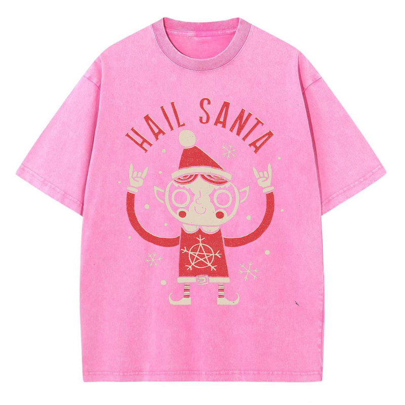 Muchic Unisex Hail Santa Printed Retro Washed Short Sleeved T-Shirt