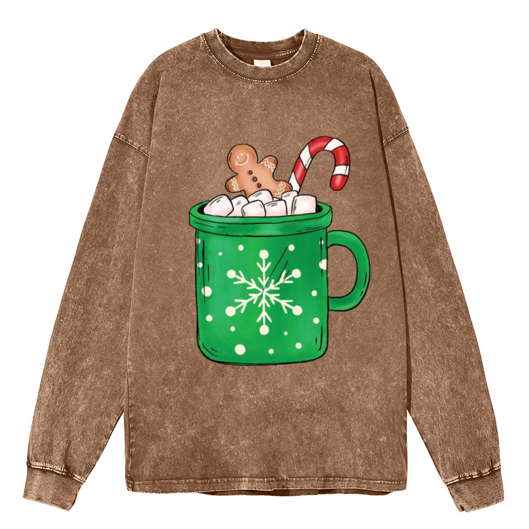 Muchic Gingerbread Coffee Unisex Casual Washed Printed Round Neck Long Sleeve T-shirt