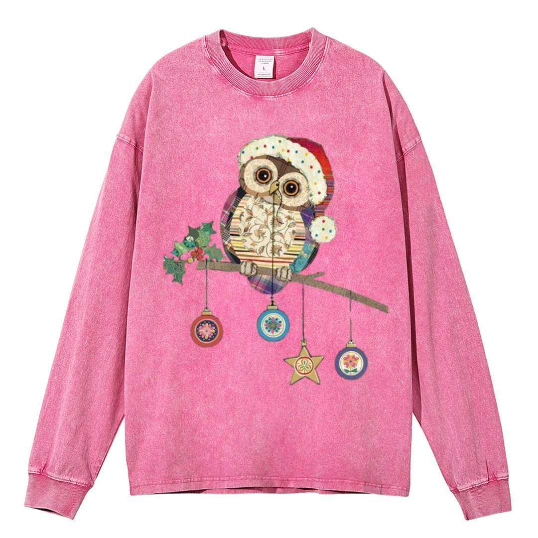 Muchic Owl Christmas Unisex Casual Washed Printed Round Neck Long Sleeve T-shirt