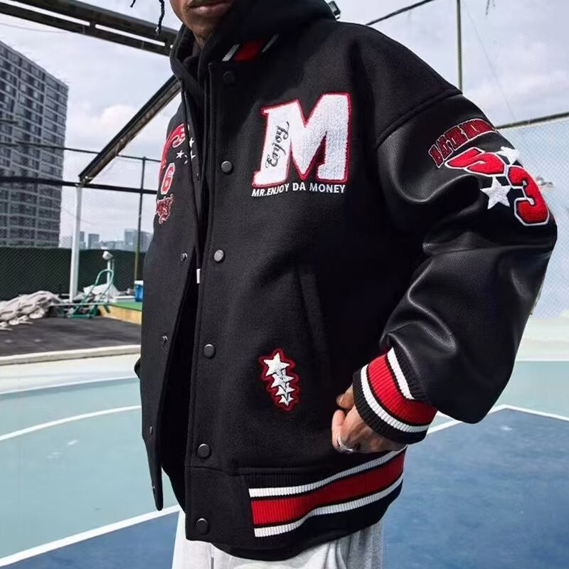 Muchic Leather Embroidery Panel Street Basketball Baseball Jacket Black / S Coats & Jackets