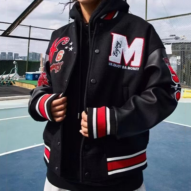 Muchic Leather Embroidery Panel Street Basketball Baseball Jacket Coats & Jackets