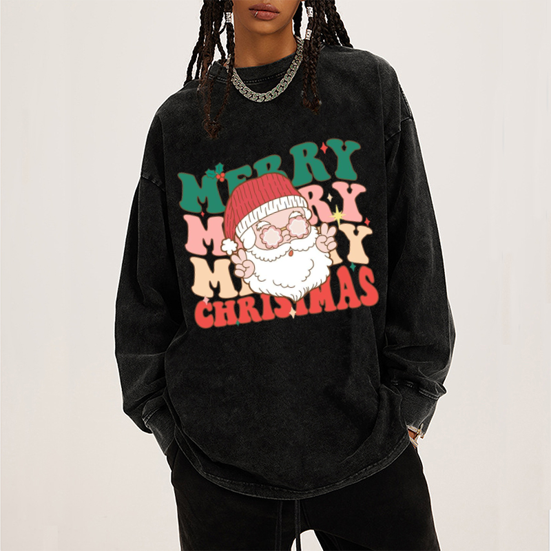 Muchic Merry Christmas Unisex Casual Washed Printed Round Neck Long Sleeve T-shirt