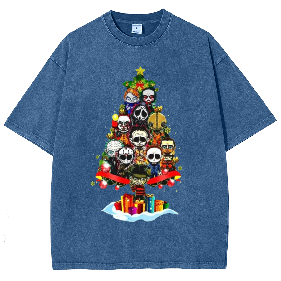 Muchic Ghost Christmas Unisex Oversized Print Vintage Wash Denim T-Shirt