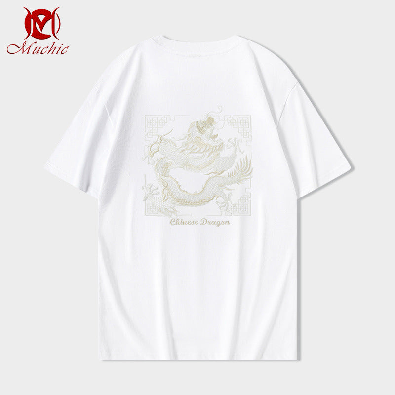 Unisex Intangible Cultural Heritage Chinese Dragon Embroidery T-shirt(Hand Embroidered) (Duty Free)
