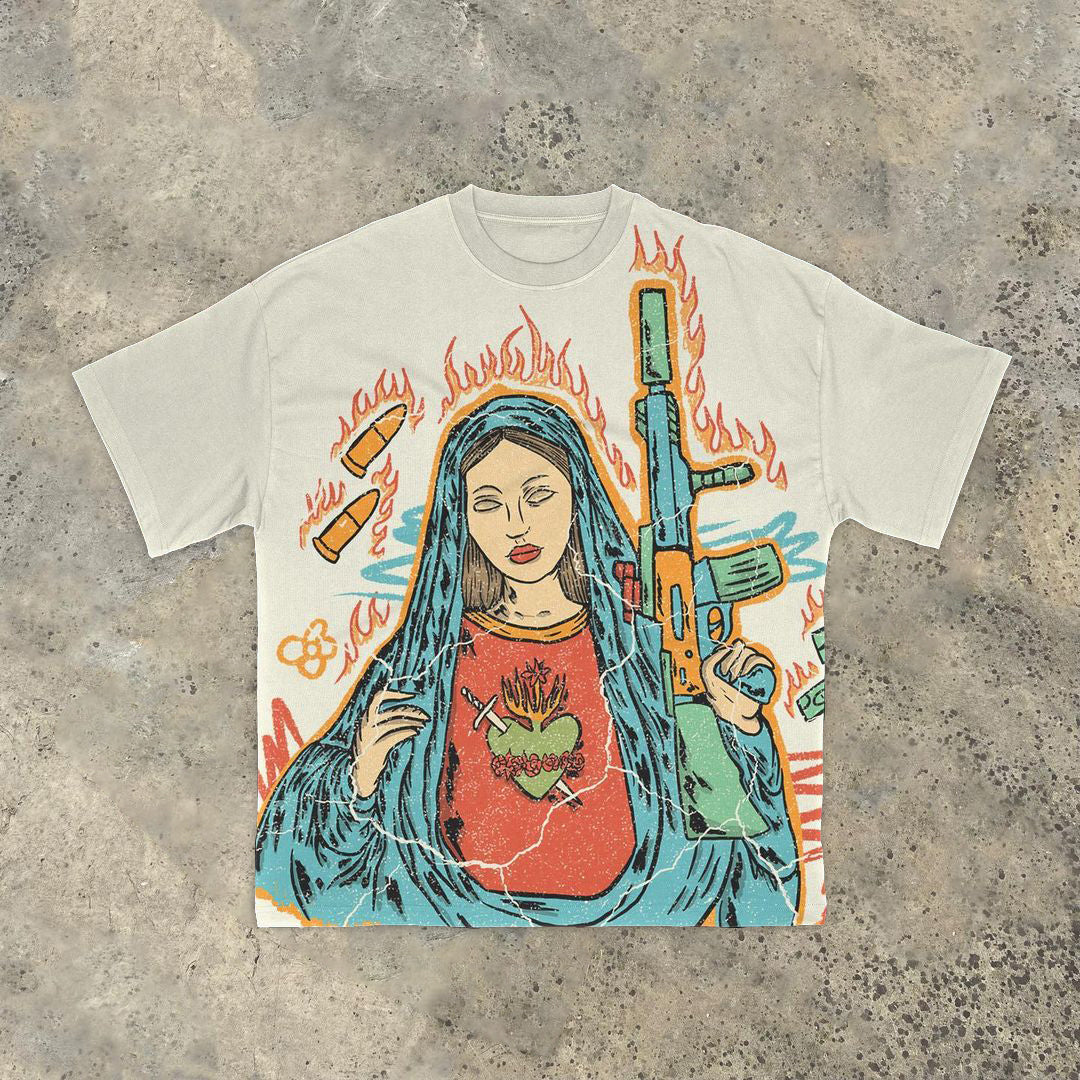 Muchic Fire Goddess Print Vintage Short Sleeve T-Shirt