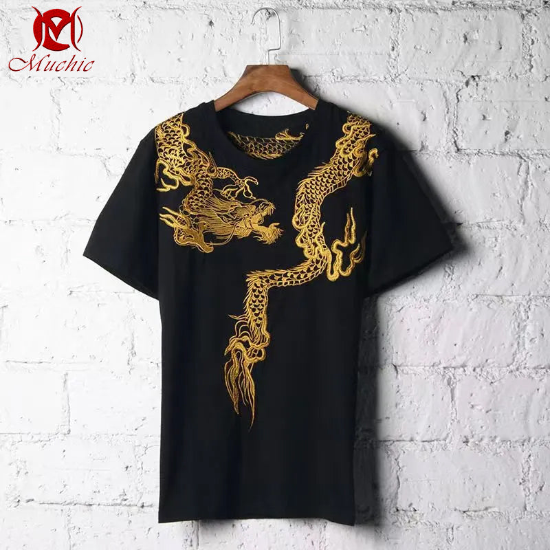 Unisex Intangible Cultural Heritag Dragon Embroidery T-shirt(Hand Embroidered) (Duty Free)