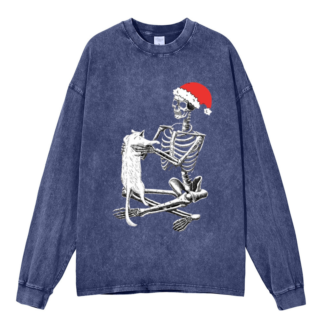 Muchic Christmas Skeleton And Cat Unisex Casual Washed Printed Round Neck Long Sleeve T-shirt