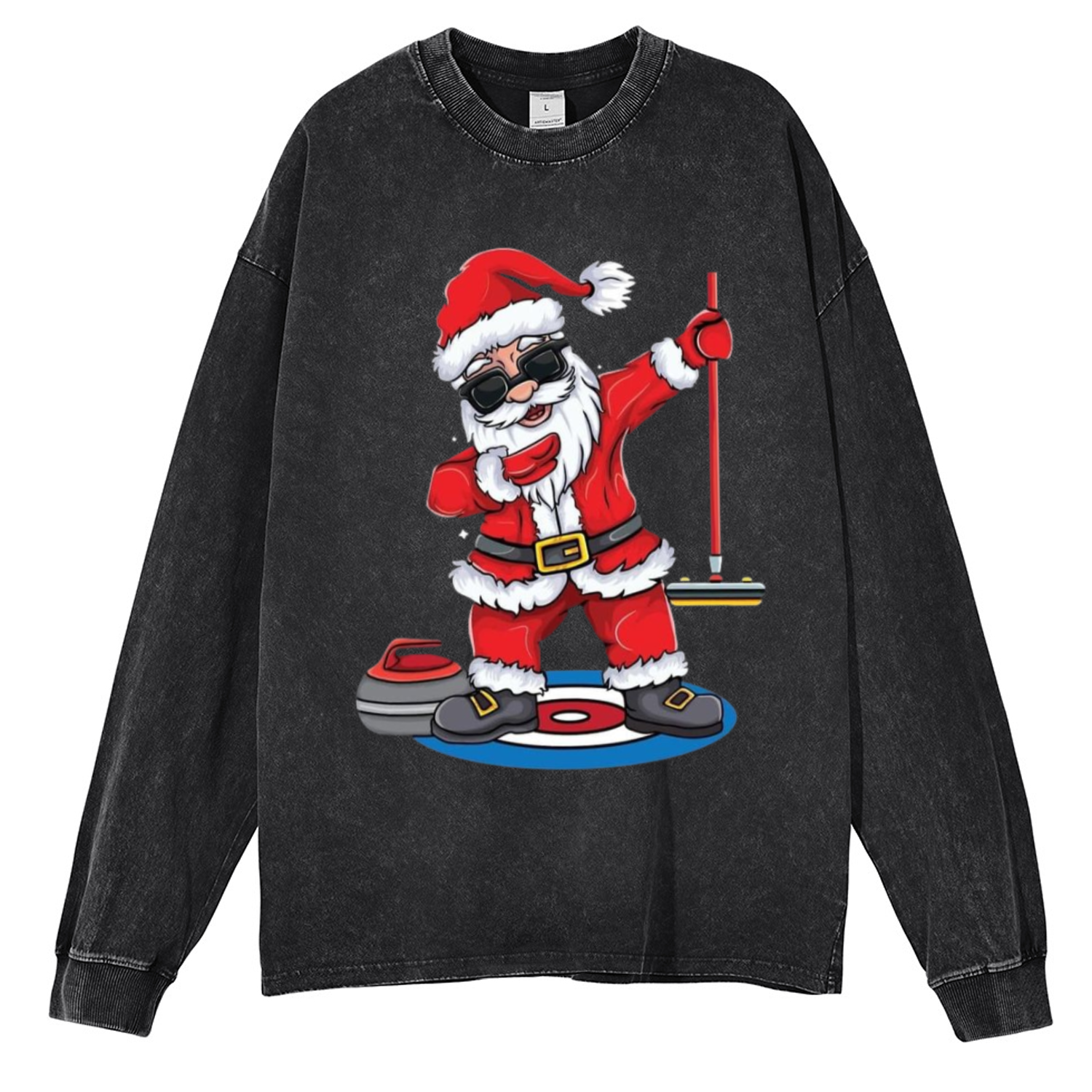 Muchic Santa Claus Unisex Casual Washed Printed Round Neck Long Sleeve T-shirt