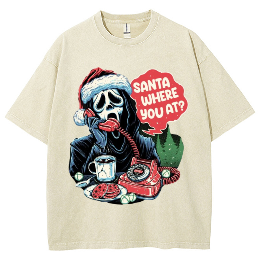 Muchic Santa Where You At Unisex Printed Retro Washed Short Sleeved T-Shirt