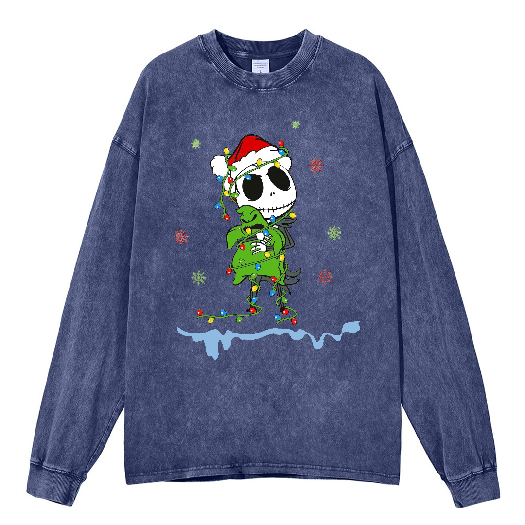 Muchic Unisex Casual Washed Christmas Nightmare Printed Round Neck Long Sleeve T-shirt