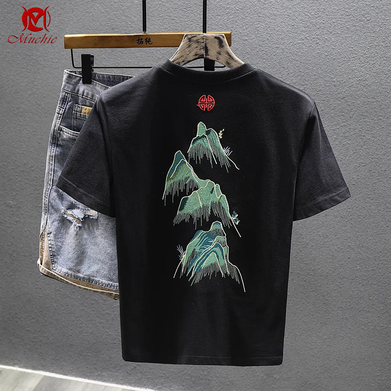Unisex Intangible Cultural Heritage Mountains Embroidery T-shirt(Hand Embroidered) (Duty Free)