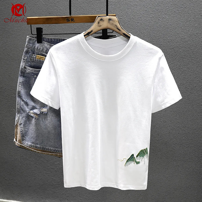 Unisex Intangible Cultural Heritage Mountains Embroidery T-shirt(Hand Embroidered) (Duty Free)