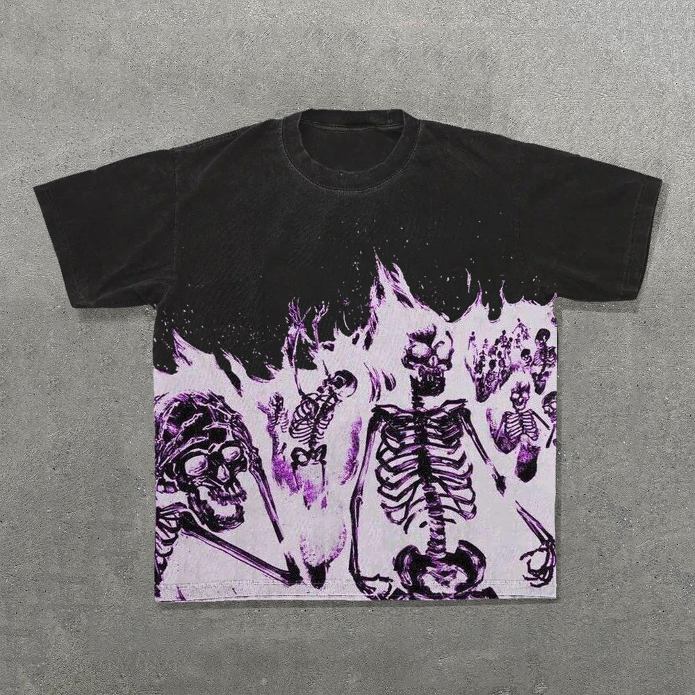 Muchic Skull In Flames Print Short Sleeve T-Shirt