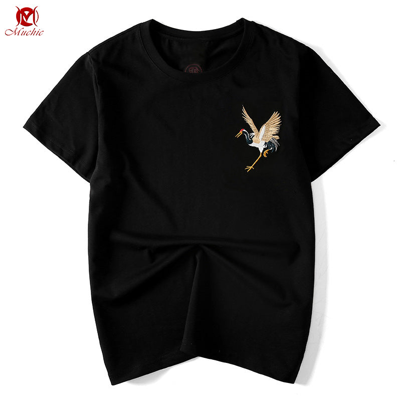 Unisex Intangible Cultural Heritage Red-Crowned Crane Embroidery T-shirt(Hand Embroidered) (Duty Free)