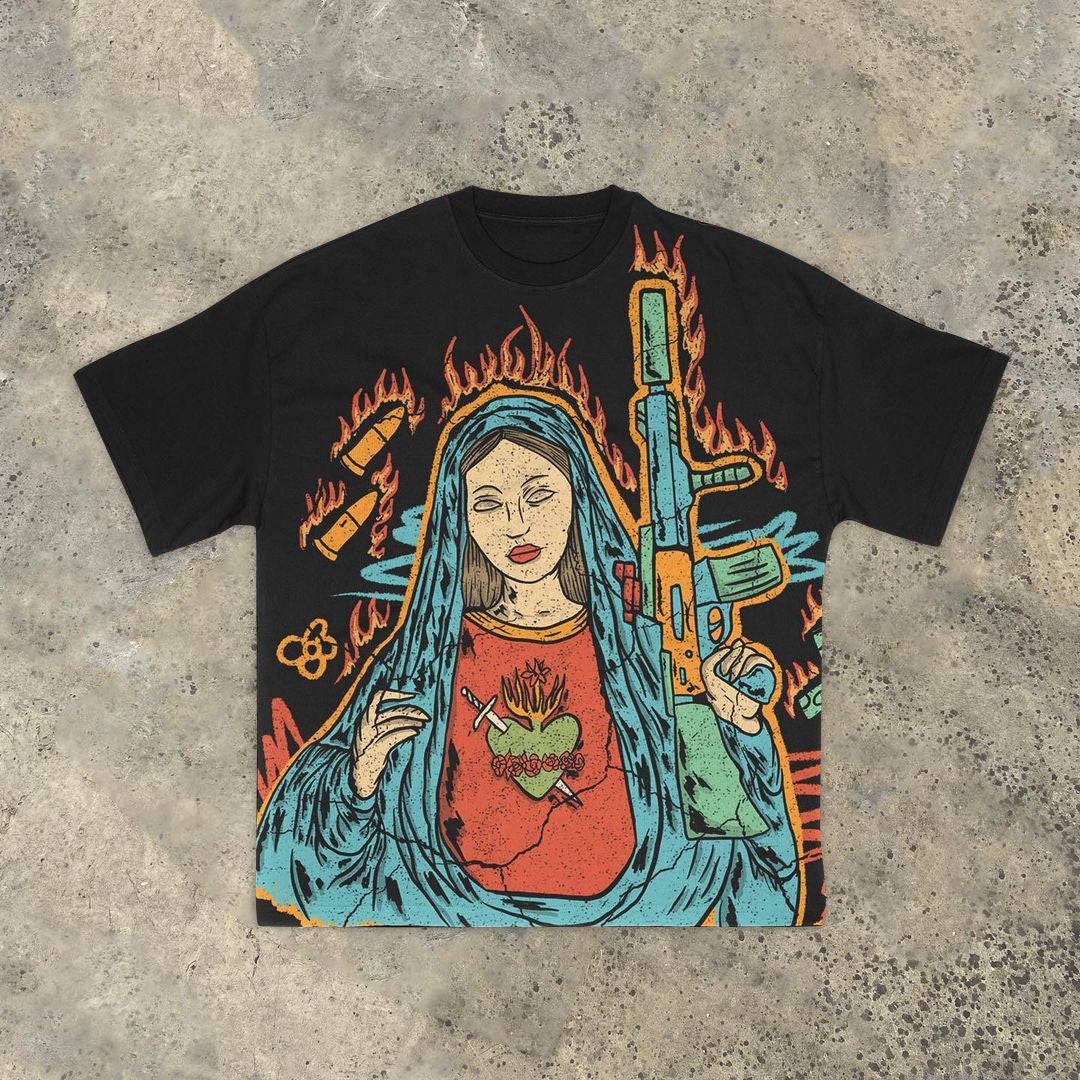 Muchic Fire Goddess Print Vintage Short Sleeve T-Shirt