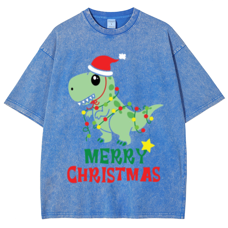 Muchic Merry Christmas Unisex Oversized Print Vintage Wash Denim T-Shirt