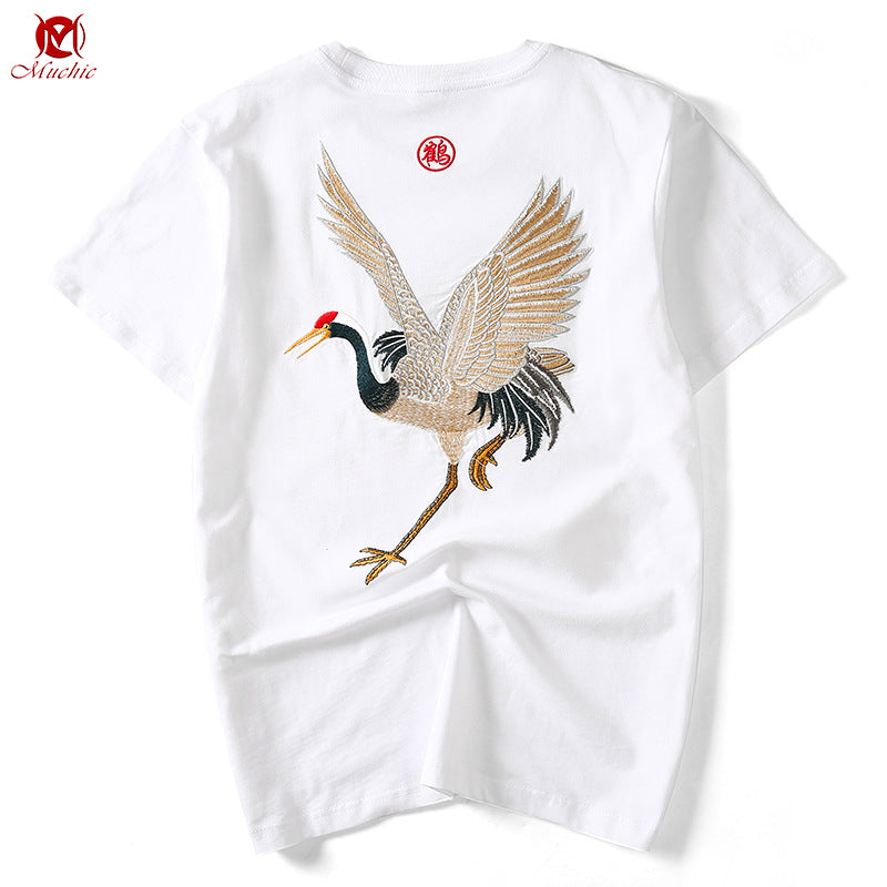 Unisex Intangible Cultural Heritage Red-Crowned Crane Embroidery T-shirt(Hand Embroidered) (Duty Free)