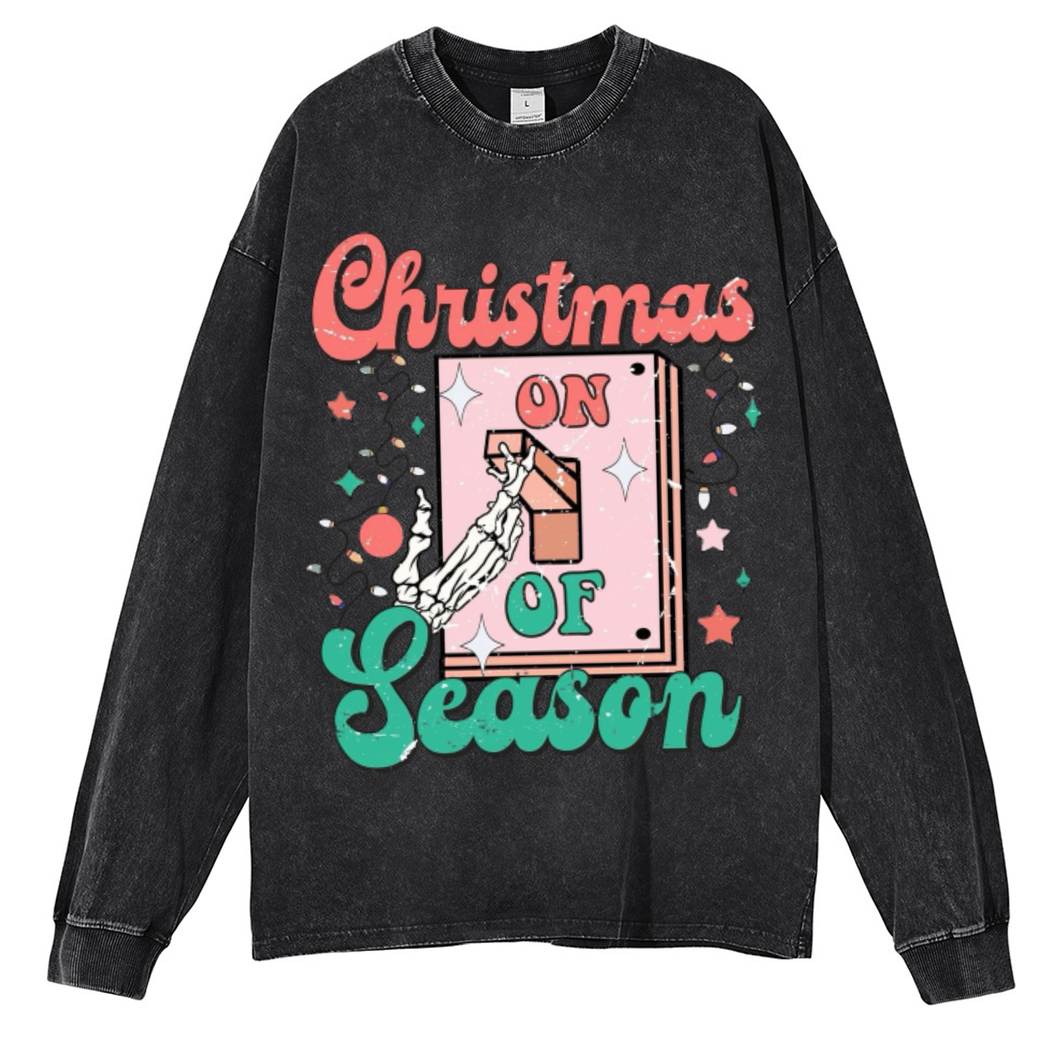 Muchic Christmas Season Unisex Casual Washed Printed Round Neck Long Sleeve T-shirt