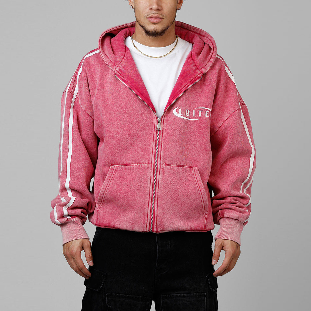 Pink Retro Washed Casual Street Zipper Hoodie