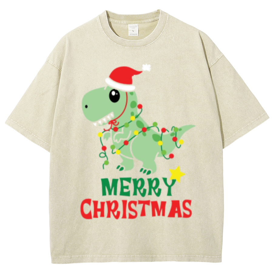 Muchic Merry Christmas Unisex Oversized Print Vintage Wash Denim T-Shirt