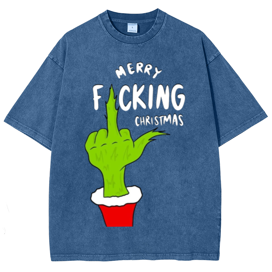 Muchic Merry Fucking Christmas Unisex Oversized Print Vintage Wash Denim T-Shirt