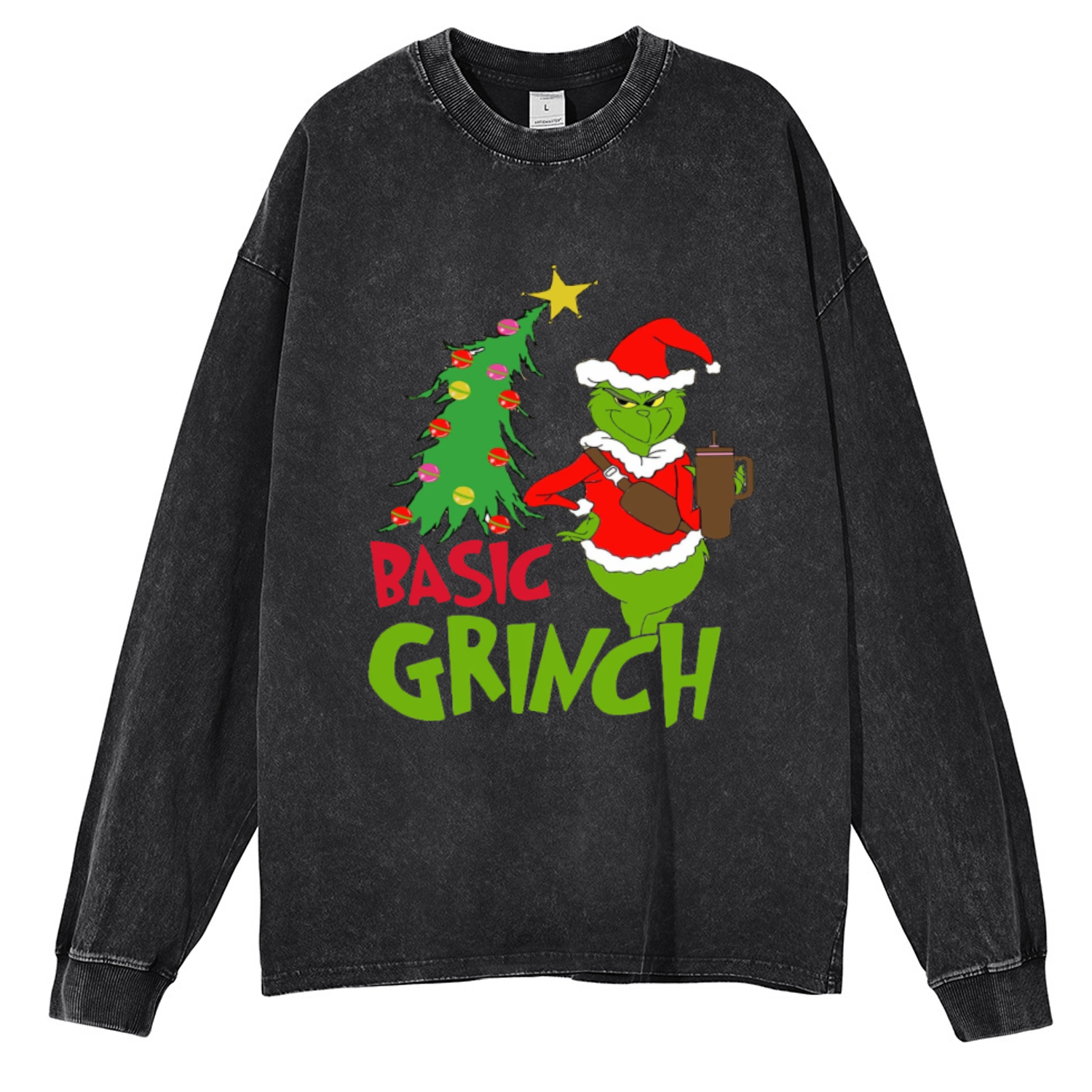 Muchic Basic Grinch Unisex Casual Washed Printed Round Neck Long Sleeve T-shirt