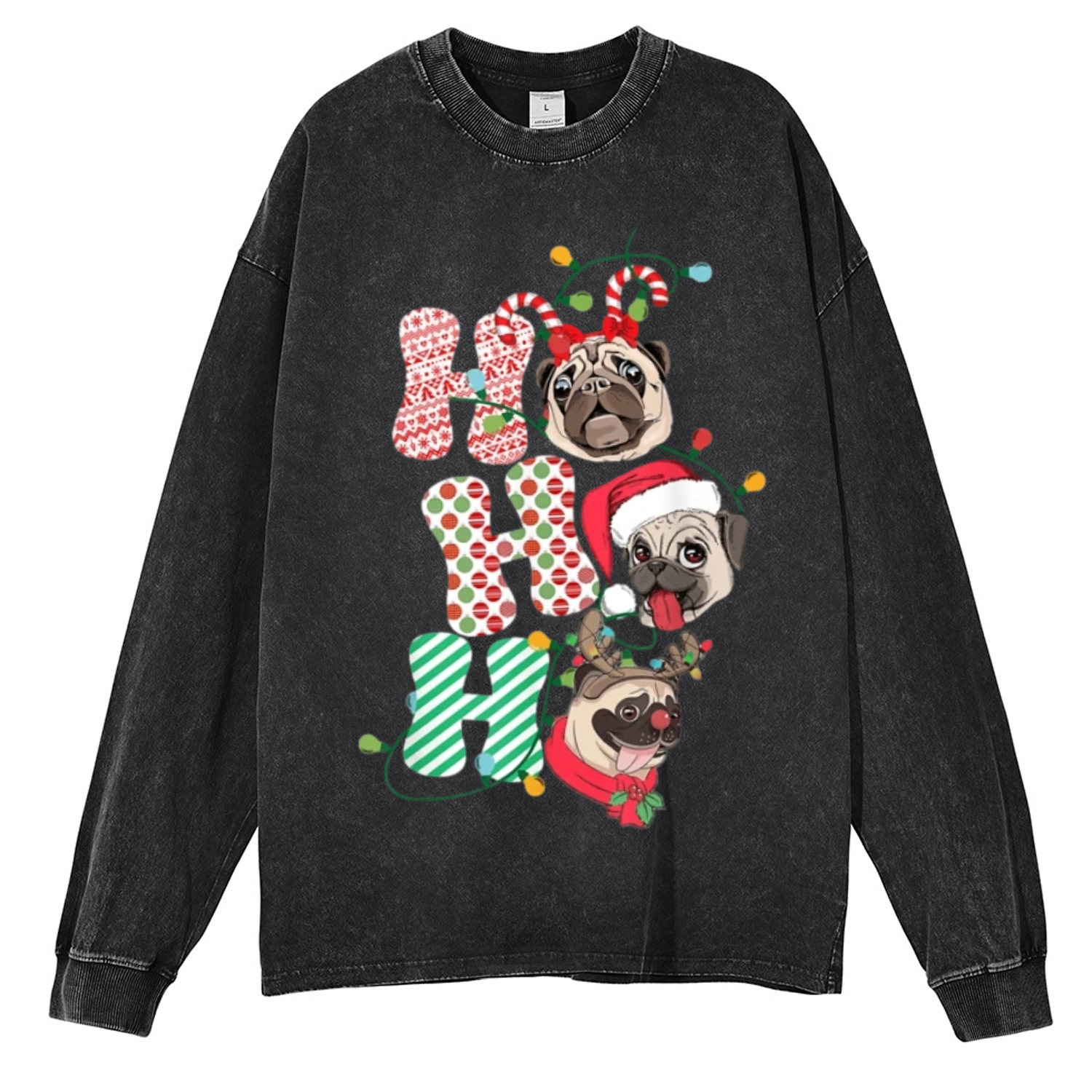 Muchic Pug Christmas Unisex Casual Washed Printed Round Neck Long Sleeve T-shirt