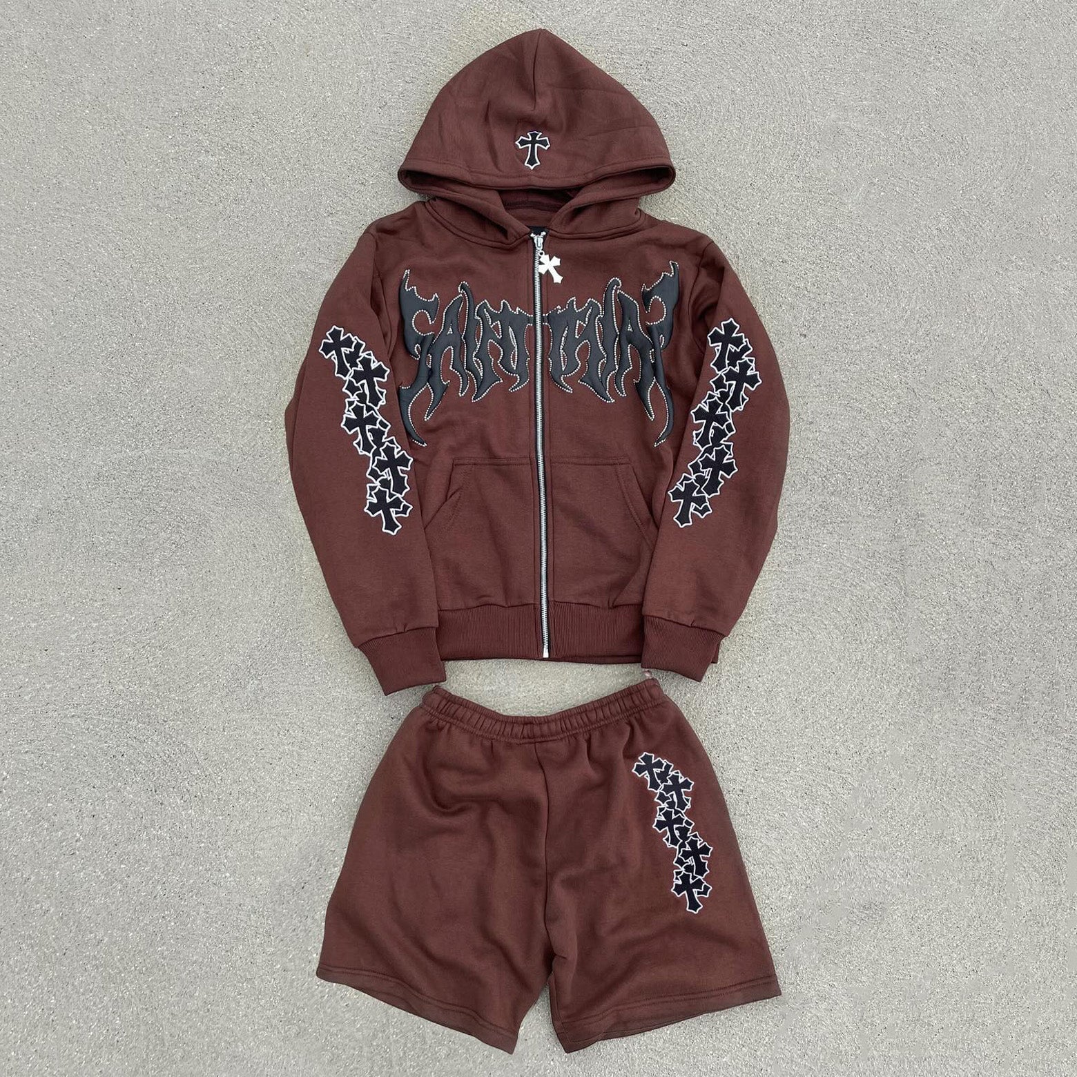 Muchic Saint Cross Hoodie Shorts Two-Piece Set