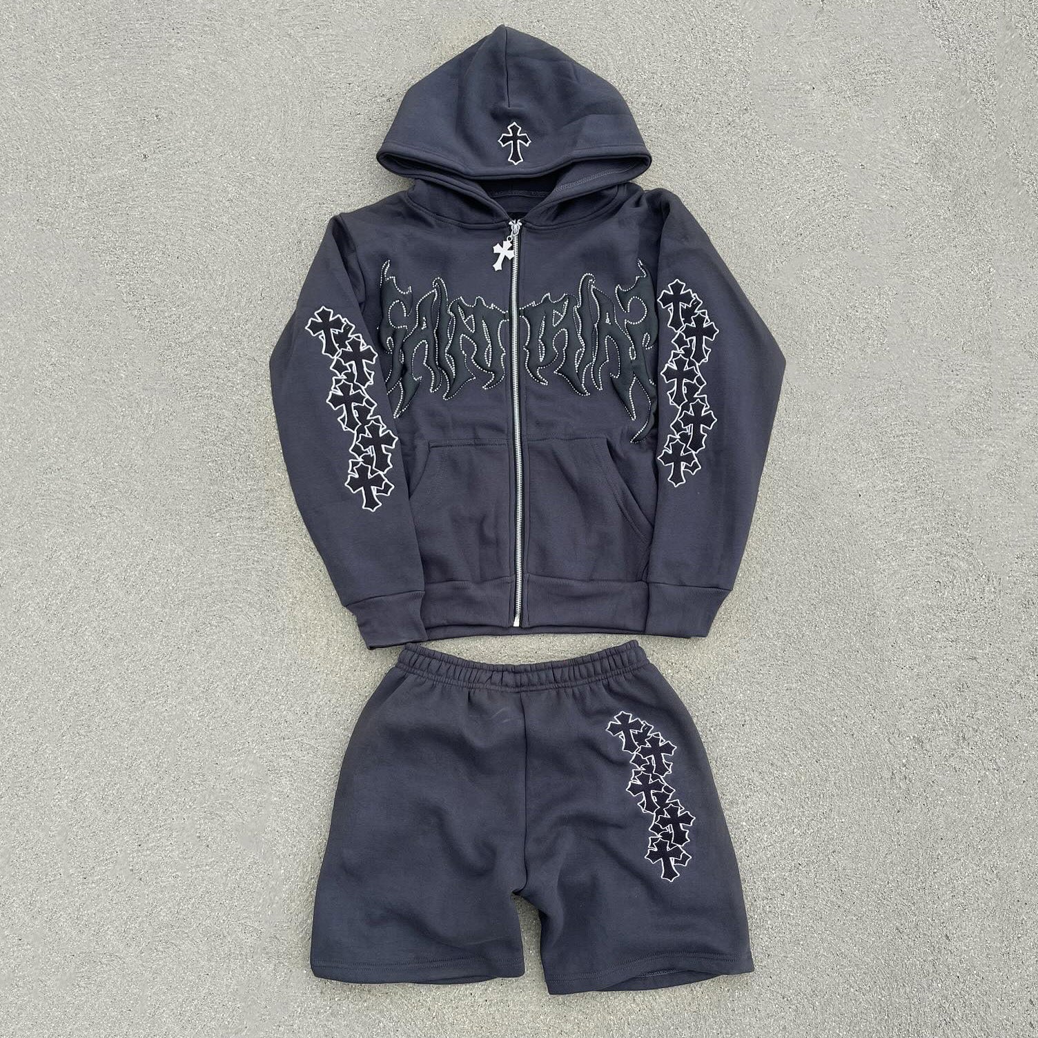 Muchic Saint Cross Hoodie Shorts Two-Piece Set