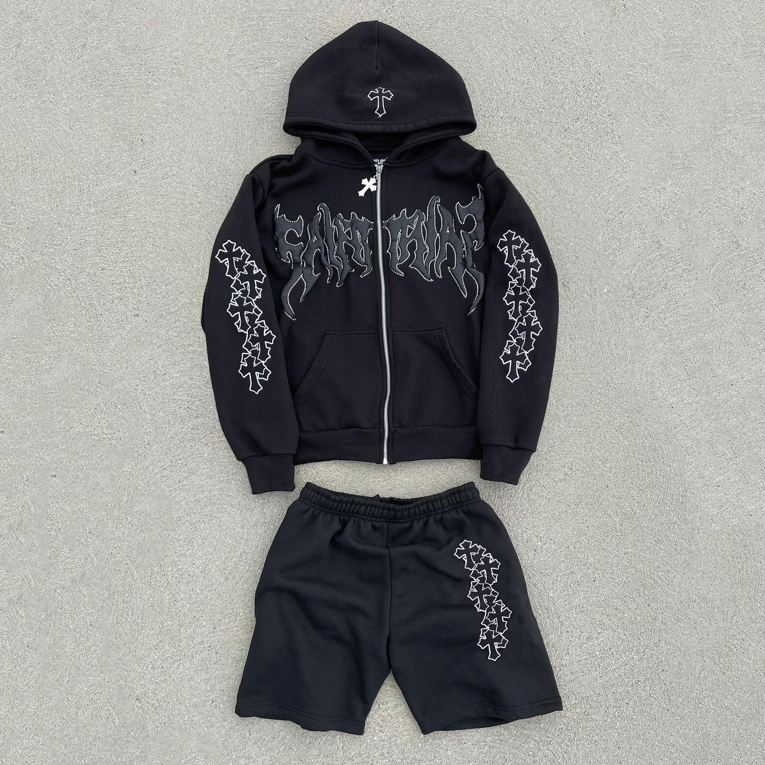 Muchic Saint Cross Hoodie Shorts Two-Piece Set