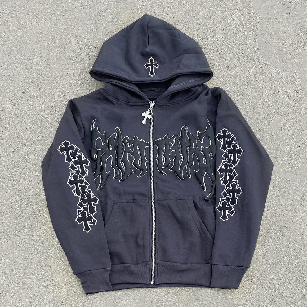 Muchic Casual Character Printed Cross Zip Hoodie