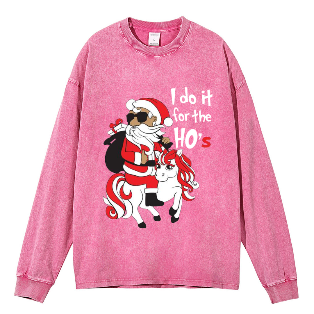 Muchic Unisex Casual Washed I Do It For The Ho's Christmas Santa Printed Round Neck Long Sleeve T-shirt