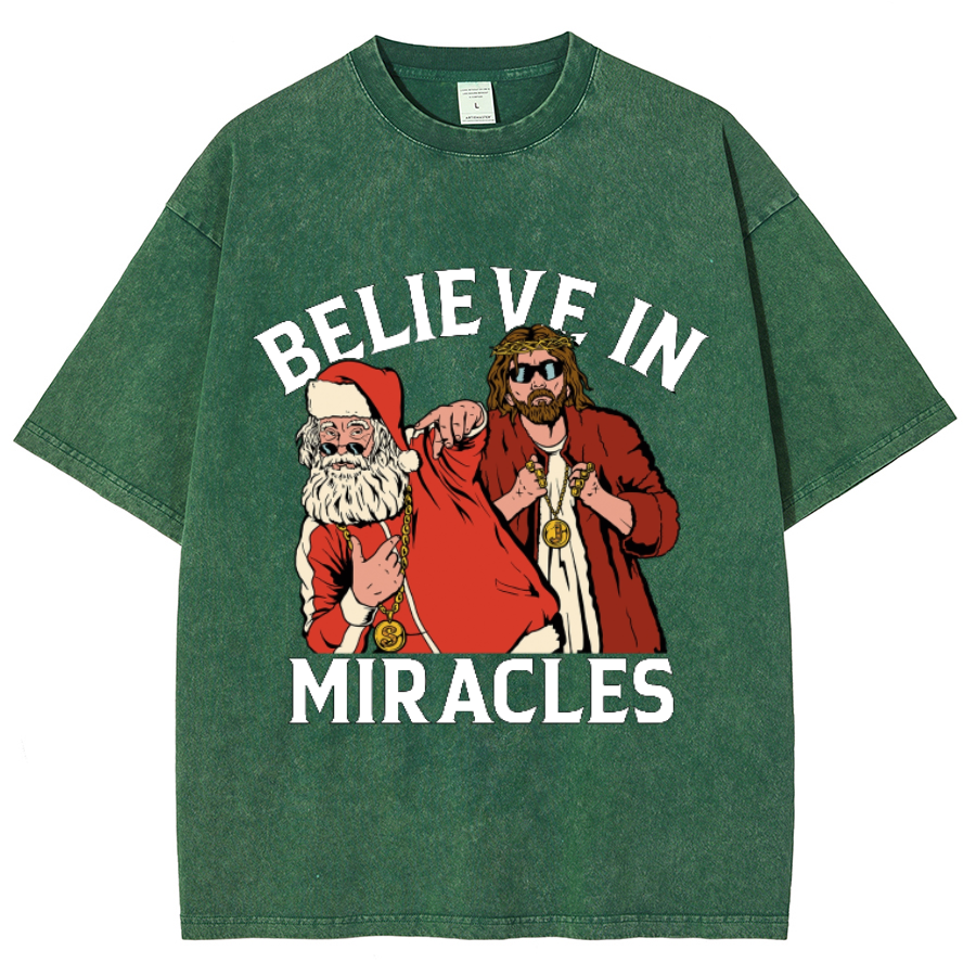 Muchic Believe In Miracles Unisex Oversized Print Vintage Wash Denim T-Shirt