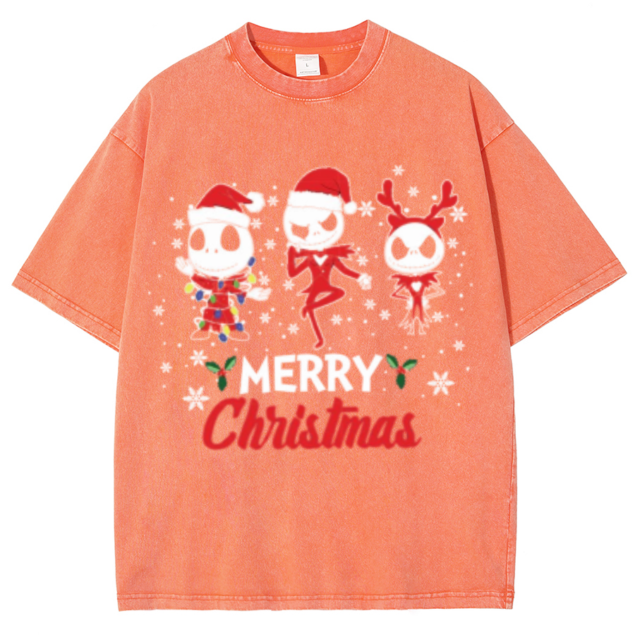 Muchic Merry Christmas Unisex Oversized Print Vintage Wash Denim T-Shirt