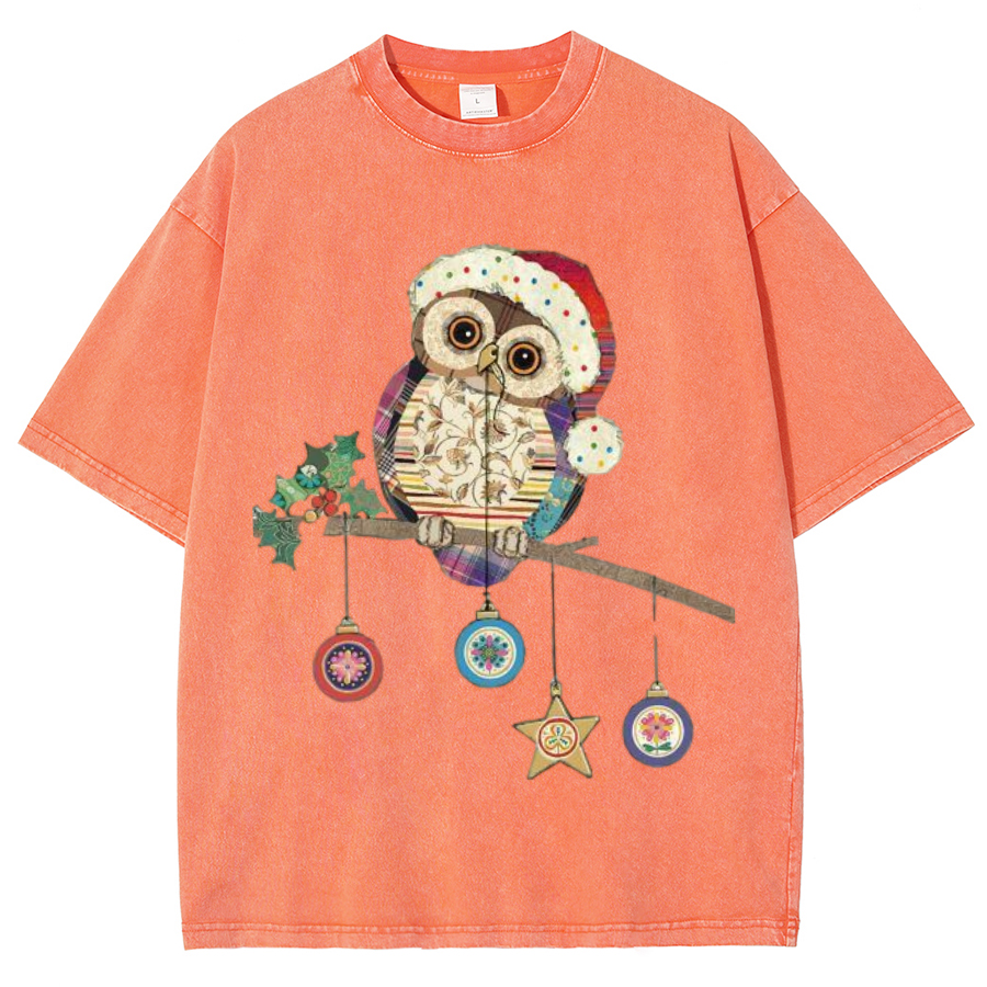 Muchic Owl Christmas Unisex Oversized Print Vintage Wash Denim T-Shirt